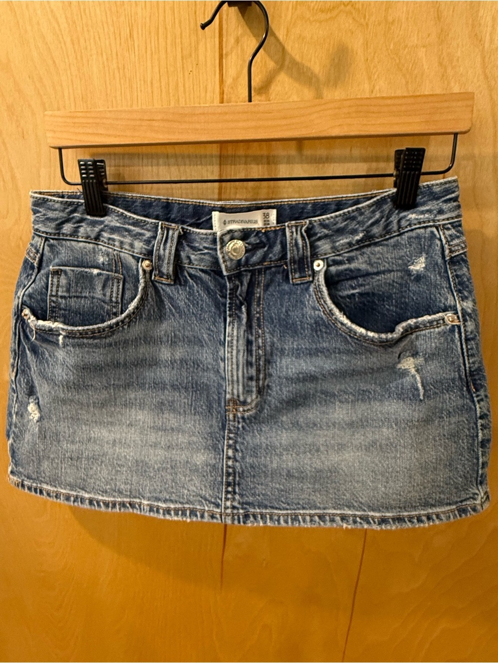 stradivarius Light Blue Distressed Denim Mini Skirt with undershorts